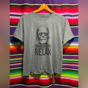 Distressed Raw Edged Frankie Says Relax Frankenstein Horror T-shirt Tee Large L